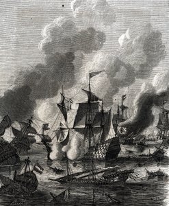 Schlacht von Lagos war eine Seeschlacht während des Neunjährigen Krieges am 27. Juni 1693 (Gravur) von French School