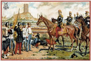 Schlacht von Solferino: Sieg in der Schlacht von Solferino gegen die Österreicher im Jahr 1859 - Forey-Division. Liebig Chromolithografie von French School