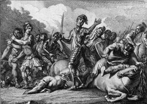 Schlacht von Tolbiac, 496: Chlodwig I. (466-511), König der Franken, bittet Gott um Hilfe, um den germanischen Stamm der Alemannen zu besiegen. Gravur aus dem 18. Jahrhundert von French School