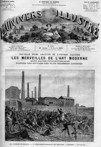 Belgischer Arbeiterstreik: die Polizei lädt die Reiter in Carnieres. Eine Zeitung. Gravur in „Le Monde Illustré“ von French School