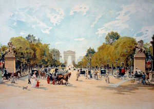 Belle Époque: Ansicht der Avenue des Champs-Élysées und des Arc de Triomphe in Paris. Anonyme Aquarellmalerei von 1895. Paris, Musée des Arts Décoratifs von French School