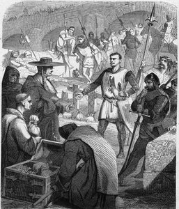 Bertrand du Guesclin (ca. 1320-1380), Konnetabel von Frankreich, weigert sich, Geld von den Einwohnern von Avignon anzunehmen. Gravur in „Histoire De France En Cent Tableaux“ von Paul Lehugeur 1891 von French School