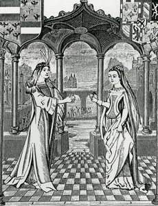 Verlobung von Maximilian I. und Maria, Herzogin von Burgund im Jahr 1477, nach einem Bild in den Chroniques de Flandre von French School