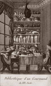 Bibliothek eines Gourmets des 19. Jahrhunderts - Gravur in „Almanach des Gourmands, als Leitfaden für die Zubereitung exzellenter Speisen. Von einem alten Liebhaber“ von Alexandre Balthazar Laurent Grimod de la Reyniere - 1804-1812