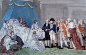 Geburt des Königs von Rom Napoleon II (François Charles Joseph Napoleon Bonaparte) (1811-1832): Zeremonie der Geburtsurkunde des Sohnes von Kaiser Napoleon I (1769-1821) im Palais des Tuileries am 20.03.1811. Gravur des 19. Jahrhunderts. Ile d