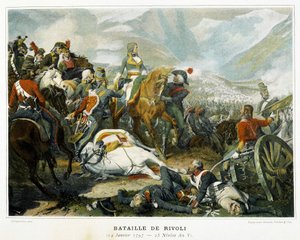Bonaparte (Mitte), nach seinem Sieg über die Österreicher in der Schlacht bei Rivoli (Italien) am 14. Januar von French School