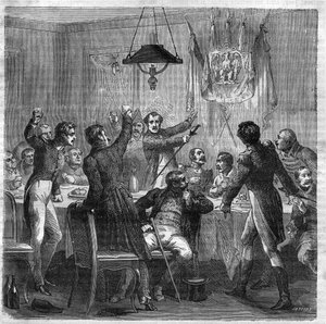 Bonapartistisches Bankett unter der Restauration zwischen dem Fall des Ersten Kaiserreichs am 6. April 1814 und der Revolution der Drei Glorreichen am 29. Juli 1830. Gravur in „Geschichte der Päpste-Könige-Königinnen und Kaiser durch die Jahrhunderte“ von  von French School
