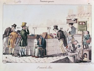 Bouquinisten entlang der Ufer der Seine in Paris, frühes 19. Jahrhundert von French School
