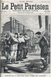 Boxeraufstand in China im Jahr 1898: Aufständische an den Pranger gestellt wegen Angriffs auf Europäer. Titelblatt von „Le petit parisien“ von 1898.