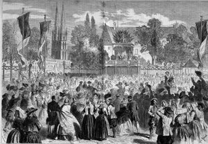 Bretonischer Ball auf dem Schlachtfeld in Quimper (Finistère, 29) in Anwesenheit von Napoleon III. (1808-1873) und der Kaiserin Eugénie (1826-1920). Gravur in „Le Monde Illustré“ Nr. 72 vom 28. August.