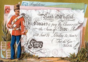Britischer Armeesoldat, der eine Bank of England Fünf-Pfund-Note bewacht, 1886-95