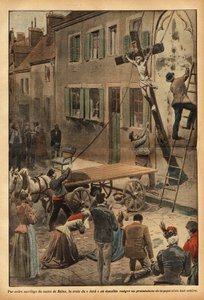 Auf Anordnung des Bürgermeisters von Reims, Charles Arnould, wurde das Kreuz an der Wand der Schule in der Rue du Jard abgenommen, was zahlreiche Proteste im Kontext der fortschreitenden Säkularisierung der staatlichen Institutionen auslöste. Gravur in "Le
