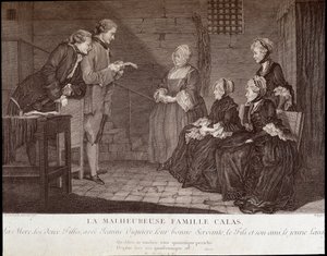 Calas-Affäre: Die unglückliche Familie von Jean Calas (gestorben 1762): die Mutter, die zwei Töchter, mit Jeanne Viguiere, ihrer guten Dienerin, der Sohn und sein Freund, um 1762. von French School