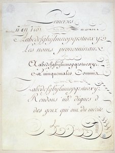 Kalligraphie: Manuskriptstück, das das Prinzip von drei französischen Schriften darstellt, gegen Ende des 18. Jahrhunderts von Andre Tardieu.