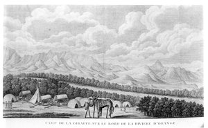 Camp Giraffe am Ufer des Oranje-Flusses, aus Band 2 von Second Voyage dans linterieur de lAfrique von Francois Le Vaillant (1753-1824), veröffentlicht 1796