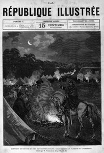 Lager der Truppen von Fort de Vincennes während der Reinigung der Quartiergebäude. Eine Zeitung. Gravur von 1880 in „La république illustrée“. Privatsammlung. von French School