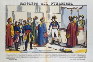 Kampagne (Expedition) von Ägypten (1798-1801): Bonaparte Napoleon an den Pyramiden von Ägypten 1799. Bild von Epinal.