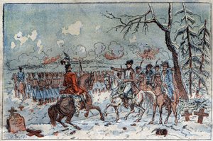 Kampagne von Preußen und Polen: Napoleon I. auf dem Schlachtfeld von Eylau am 08.02.1807 befiehlt Murat, die russische Kavallerie zurückzuschlagen. Gravur des 19. Jahrhunderts.