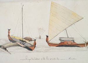 Kanus der Bewohner der Pis- und Iros-Inseln (Karolineninseln), Aquarell von Jules-Louis Lejeune, aus Duperreys Reise