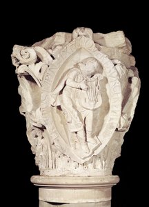 Kapitel, das den dritten Schlüssel des Plainsongs mit einem Lautenspieler darstellt, ca. 1095 von French School