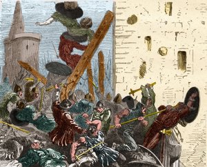 Eroberung von Carcassonne während des Kreuzzugs gegen die Albigenser im August 1209. Gravur in "Histoire De France En Cent Tableaux" von Paul Lehugeur, 1891