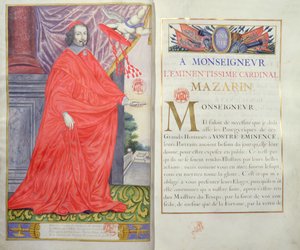 Kardinal Mazarin, Illustration und Widmung aus Les Panegyriques des Hommes Illustres de Notre Siecle von Puget de la Serre, 1655 von French School