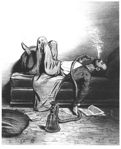 Karikatur des romantischen Schriftstellers, der seine Inspiration im Haschisch sucht, ca. 1849 von French School