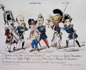 Karikatur über die Kommune „Nachrichten - Wie viele Truppen hast du versammelt, Paladine? - Ich bringe eine Landwache. Und ich bin eine Schweizer Kirche. - (Vinoy) Ich halte den Feuerwehrmann von Nanterre - (Im Herzen) Es ist gut, es ist gut, wir werden Pa von French School