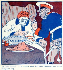 Karikatur, die das gierige Verhalten Bulgariens bei der Aufteilung Mazedoniens während der Balkankriege 1912-13 kritisiert