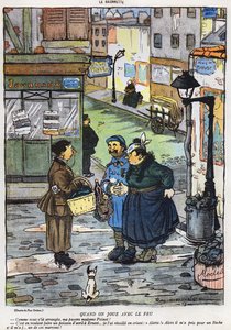 Karikatur über den misslungenen Versuch einer Frau, ihren Mann zu täuschen, aus der April-Ausgabe von La Baionette, 29. März 1917 von French School