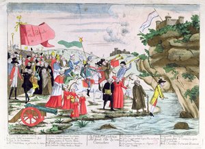 Karikatur, die den französischen Klerus und die Aristokraten verspottet, die während der Revolution nach Deutschland geflüchtet sind, ca. 1792 von French School