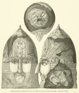 Helm von Jaroslaf, Großfürst von Russland um 1238, von oben, von vorne und im Profil