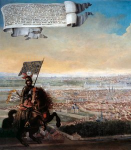Kavalieransicht von Paris vom Faubourg Saint Jacques. Gedenken an die Verteidigung von Paris durch Kanzler Pepin des Essarts nach dem Verrat von Etienne Marcel im Jahr 1358. Detail. Gemälde der französischen Schule. 1640 Paris, Musée Carnavalet