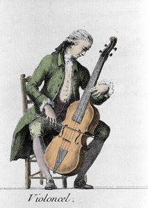 Cellospieler/Cello. Gravur vom Ende des 18. Jahrhunderts