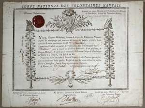 Zertifikat der Aufnahme in die Nationalgarde der Freiwilligen von Nantes, 1789