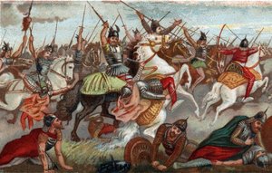 Karl Martell stoppt die Muslime in der Schlacht von Poitiers im Jahr 732. Chromolithographie des 19. Jahrhunderts. von French School