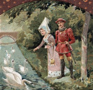 Karl VII. (1403-1461) mit seiner Favoritin, Agnes Sorel (bekannt als die Dame von Beauté-sur-Marne) (1422-1450), füttert Schwäne im Park des Schlosses von Savigny-sur-Orge. Chromolithografie des späten 19. Jahrhunderts