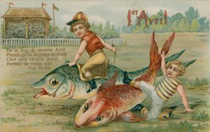 Kinderjockeys rennen Fische, 1. April Karte, 1913