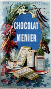 Schokoladenwerbung „Menier“ mit dem Hinweis „Vermeiden Sie Fälschungen“