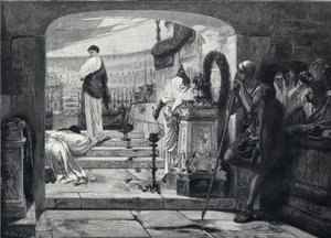 Christlicher Märtyrer betritt die Arena, um den Tieren übergeben zu werden. Gravur nach dem Gemälde von Albret Baur