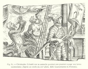 Christoph Kolumbus auf seiner Karavelle während seiner ersten Reise zu den westlichen Ländern; nach einem Nielle aus dem XVI. Jahrhundert, Bibl Laurentienne von Florenz (Stich)