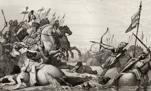Clodion, der Haarige (ca. 428-47) zieht sich nach seiner Niederlage gegen Aetius über die Brücke zurück, aus 