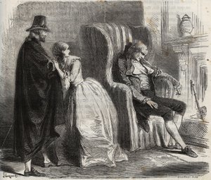 Clotilde Sprengel und Zacharie Bergmann beobachten den deutschen Arzt Petrus Schultz, der im 18. Jahrhundert eingeschlafen ist. Gravur von 1871 in „Histoire Des Cocuses Celebres“ von Henry de Kock von French School