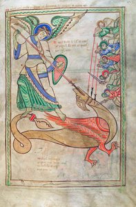 Der heilige Michael kämpft gegen den Drachen, aus Liber Floridus von Lambert de Saint-Omer, ca. 1120 von French School