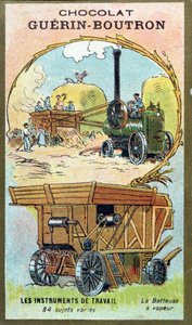 Sammelkarte von Chocolat Guerin-Boutron, die eine Dampfdreschmaschine zeigt