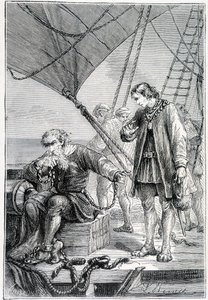 Kolumbus als Bösewicht gefesselt (auf dem Schiffsdeck), Illustration Entdeckung der Erde von Jules Verne, ed. Hetzel, 19. Jahrhundert von French School