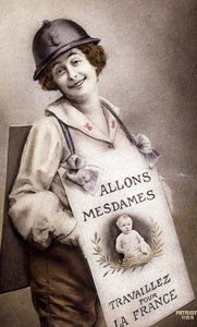 Kommt, Damen, arbeitet für Frankreich (Aufruf zur Geburt), Postkarte, um 1918