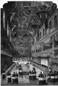 Konklave von 1878: Blick auf das Innere der Sixtinischen Kapelle während der Wahl des Nachfolgers von Papst Pius IX., Leo XIII. Gravur in „Le Monde Illustré“ Nr. 1095 vom 23. März 1878. von French School