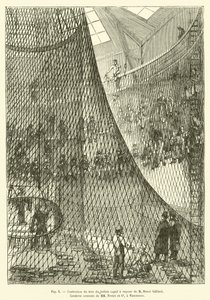 Herstellung des Netzes des dampfbetriebenen Fesselballons von M. Henri Giffard, zentrale Seilerei von MM Fretet und Co. in Vincennes von French School