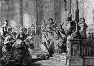 Weihe der Heiligen Genoveva, um 430: Saint Germain, Bischof von Auxerre von French School